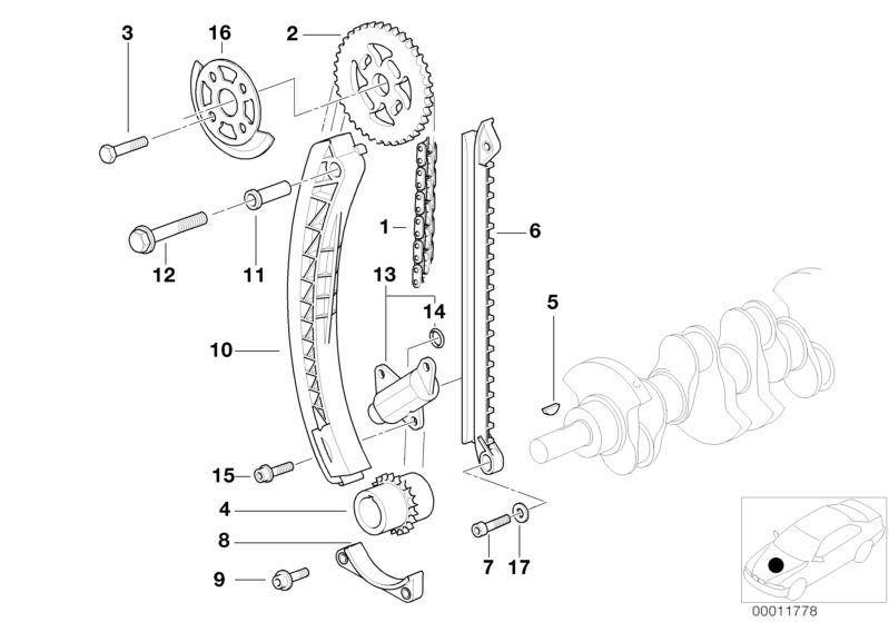 Illustration du Comde soupapes-chaine de distribution pour les BMW 3 Série Modèles  Pièces de rechange d'origine BMW du catalogue de pièces électroniques (ETK) pour véhicules automobiles BMW (voiture)   Bush, Chain tensioner, Fillister head with washer, G