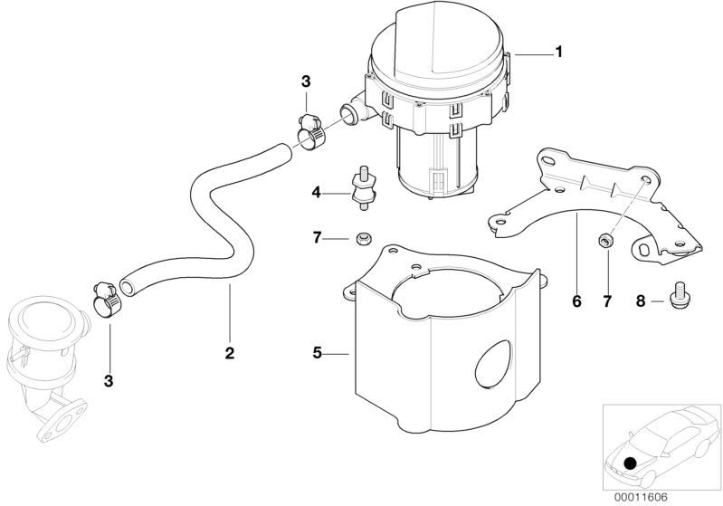 Picture board EMISSION CONTROL-AIR PUMP for the BMW 3 Series models  Original BMW spare parts from the electronic parts catalog (ETK) for BMW motor vehicles (car)   AIR PUMP, Hex Bolt with washer, Hex nut, Holder, Hose clamp, Pressure hose assy, Rubber mo