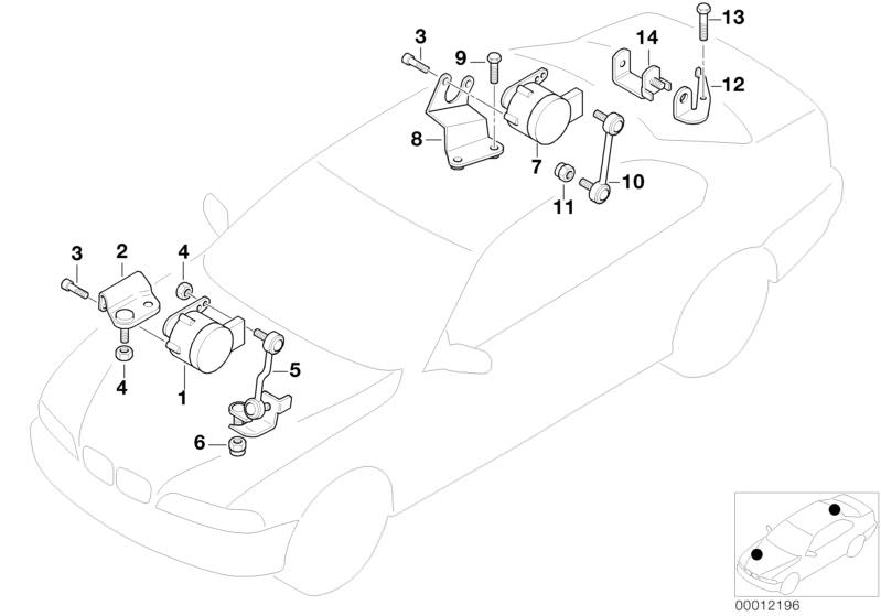 Bildtafel Sensor Leuchtweitenregulierung für die BMW 3er Modelle  Original BMW Ersatzteile aus dem elektronischen Teilekatalog (ETK) für BMW Kraftfahrzeuge( Auto)    Halter Höhenstandssensor rechts, Höhenstandssensor, Regelstange, Sechskantmutter, Sechska
