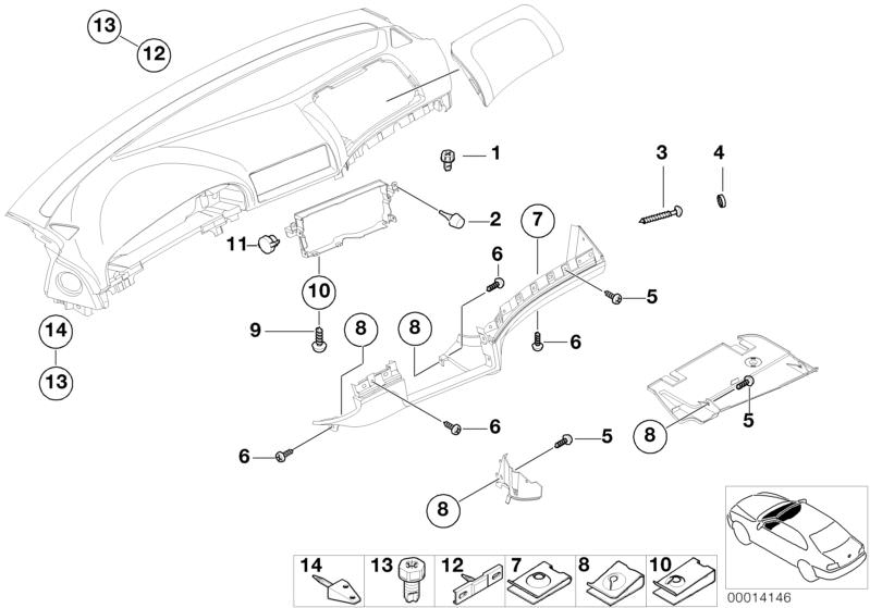 Picture board Mounting parts, instrument panel for the BMW 5 Series models  Original BMW spare parts from the electronic parts catalog (ETK) for BMW motor vehicles (car)   Body nut, C-clip nut, Cap, DASHBOARD CENTERING SUPPORT, centre, Fillister head self