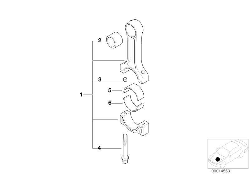 Picture board Crankshaft Connecting Rod for the BMW 5 Series models  Original BMW spare parts from the electronic parts catalog (ETK) for BMW motor vehicles (car)   Bearing shell, Bearing shell, blue, Connecting rod bolt, Connecting rod bush, Dowel, SET C