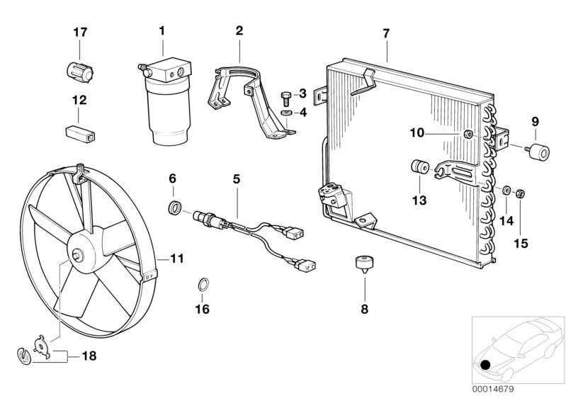 Bildtafel Kondensator/Lüfter/Trocknerflasche für die BMW Classic Teile  Original BMW Ersatzteile aus dem elektronischen Teilekatalog (ETK) für BMW Kraftfahrzeuge( Auto)    Clip, Dichtring, Distanzbuchse, Federscheibe, Gummilager, Gummitülle, Kondensator K