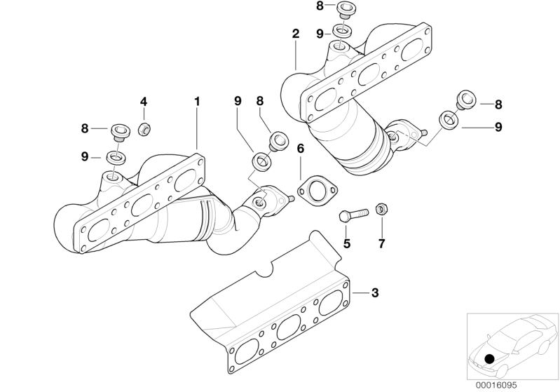 Picture board Exhaust manifold with catalyst for the BMW 5 Series models  Original BMW spare parts from the electronic parts catalog (ETK) for BMW motor vehicles (car)   Exhaust manifold, Flat gasket, GASKET W/HEAT PROT.SHIELD ASBESTOSFREE, Hex Bolt, Hex 