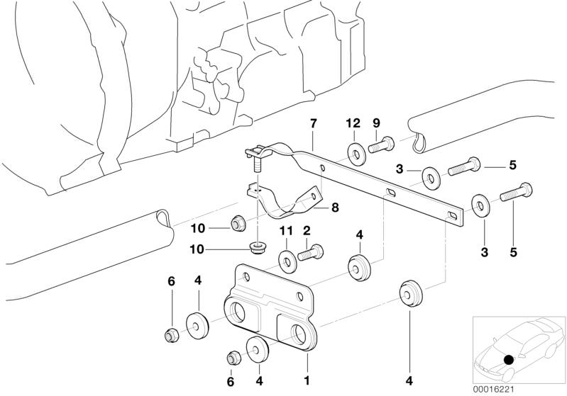 Illustration du Pièces de fixation d`échappement pour les BMW Classic parts  Pièces de rechange d'origine BMW du catalogue de pièces électroniques (ETK) pour véhicules automobiles BMW (voiture)   Bracket, Exhaust support, Fillister head screw, Hex Bolt, H