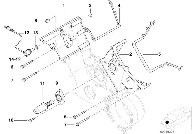 Bildtafel Kettenkastengehäuse oben für die BMW X Modelle  Original BMW Ersatzteile aus dem elektronischen Teilekatalog (ETK) für BMW Kraftfahrzeuge( Auto)    Dichtring, Dichtungsflansch, Kettenkastendeckel oben, Magnetventil, Nockenwellensensor, O-Ring, P