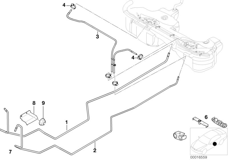 Picture board Fuel Pipe and Mounting Parts for the BMW 3 Series models  Original BMW spare parts from the electronic parts catalog (ETK) for BMW motor vehicles (car)   Bracket, Fuel feed line, FUEL PIPES SET, FUEL RETURN LINE, Hose clamp, Pipe clip, Plast