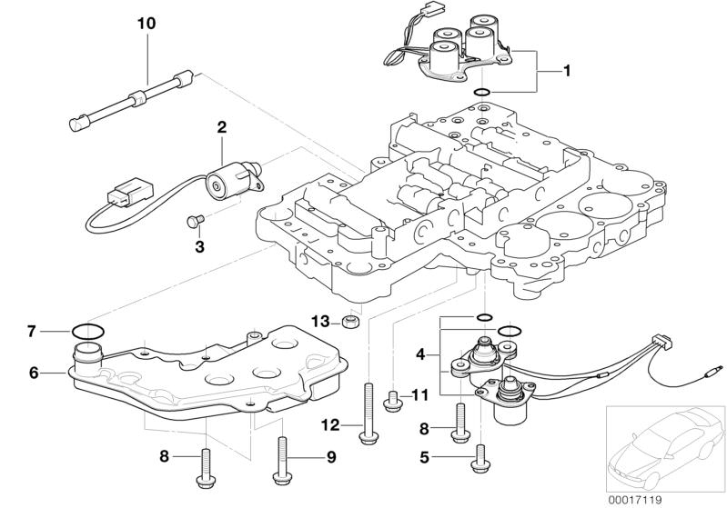 Bildtafel A5S300J Anbauteile Schaltgerät für die BMW Classic Teile  Original BMW Ersatzteile aus dem elektronischen Teilekatalog (ETK) für BMW Kraftfahrzeuge( Auto)    Magnetventil Drehmomentwandler, Magnetventil Gangwechsel, Magnetventil Rückwärtsgang Sp