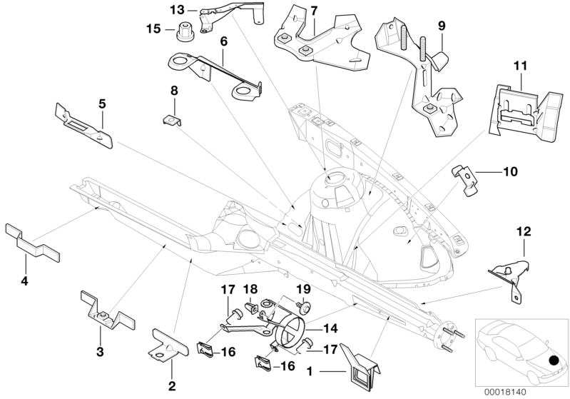 Picture board FRONT BODY BRACKET LEFT for the BMW 5 Series models  Original BMW spare parts from the electronic parts catalog (ETK) for BMW motor vehicles (car)   Bracket f compressor/horn, BRACKET F LEFT RADIATOR SUPPORT, BRACKET F OIL CARRIER/SUCTION SI