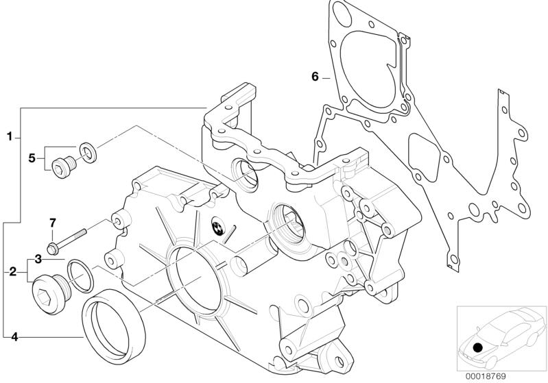 Bildtafel Kettenkastengehäuse unten für die BMW 5er Modelle  Original BMW Ersatzteile aus dem elektronischen Teilekatalog (ETK) für BMW Kraftfahrzeuge( Auto)    Dichtung Metall, Kettenkastendeckel unten, O-Ring, Torxschraube mit Bund, Verschlussschraube m