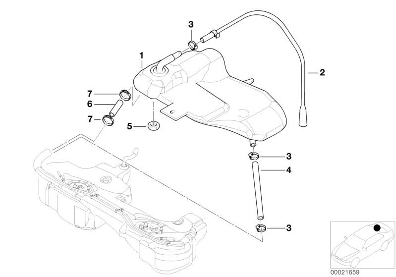 Picture board Expansion tank for the BMW 3 Series models  Original BMW spare parts from the electronic parts catalog (ETK) for BMW motor vehicles (car)   Expansion tank, Fuel hose, Hose clamp, Plastic nut, Vent pipe