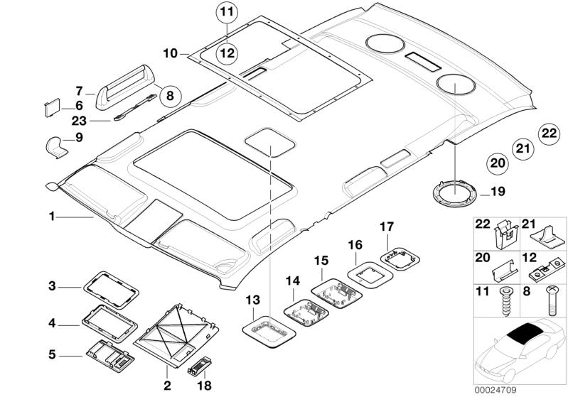 Bildtafel Dachhimmel / Haltegriff für die BMW 5er Modelle  Original BMW Ersatzteile aus dem elektronischen Teilekatalog (ETK) für BMW Kraftfahrzeuge( Auto)    Abdeckung Schiebedachmotor, Blende Funkinnenraumschutz, Blende Mikrofon, Blende Ultraschallinnen