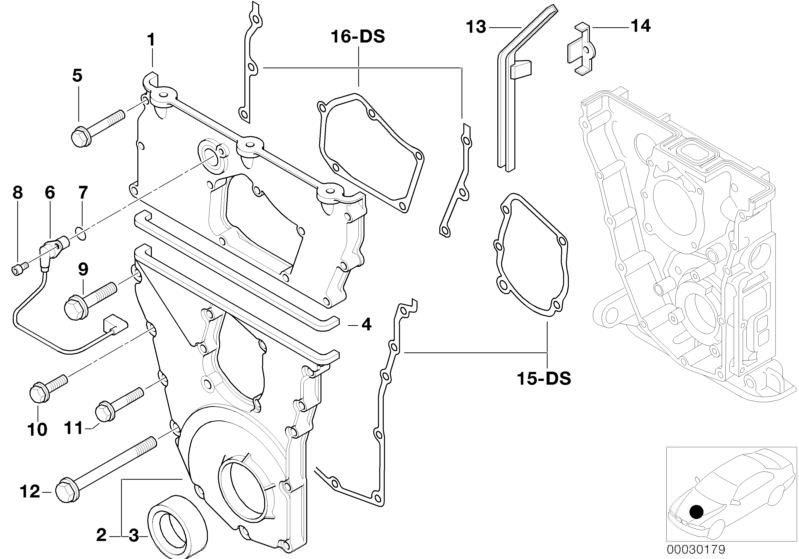 Illustration du TIMING CASE pour les BMW Classic parts  Pièces de rechange d'origine BMW du catalogue de pièces électroniques (ETK) pour véhicules automobiles BMW (voiture)   Fillister head with washer, GASKET SET CHAIN CASE ASBESTOFREE, Hex Bolt with was