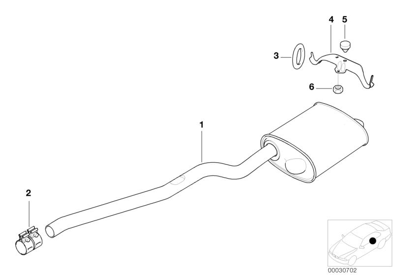 Bildtafel Abgasanlage hinten für die BMW 5er Modelle  Original BMW Ersatzteile aus dem elektronischen Teilekatalog (ETK) für BMW Kraftfahrzeuge( Auto)    Bundmutter selbstsichernd, Gummiring, Gummistopfen, Nachschalldämpfer, Spannhülse, Träger Abgasanlage