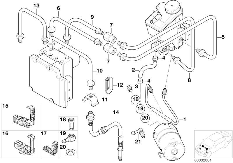 Illustration du Conduite de frein avant DSC pour les BMW 3 Série Modèles  Pièces de rechange d'origine BMW du catalogue de pièces électroniques (ETK) pour véhicules automobiles BMW (voiture)   Angle piece, Bracket, brake pipe, 4-fold, Bracket, brake pipe,