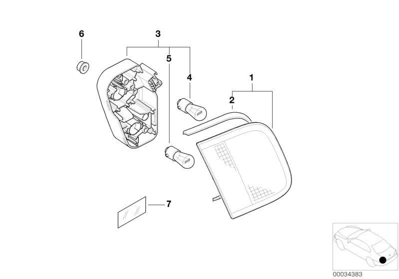 Picture board Rear light in trunk lid for the BMW 3 Series models  Original BMW spare parts from the electronic parts catalog (ETK) for BMW motor vehicles (car)   Bulb holder, left, Cover film, Hex nut with plate, Longlife bulb, Rear light in trunk lid, l