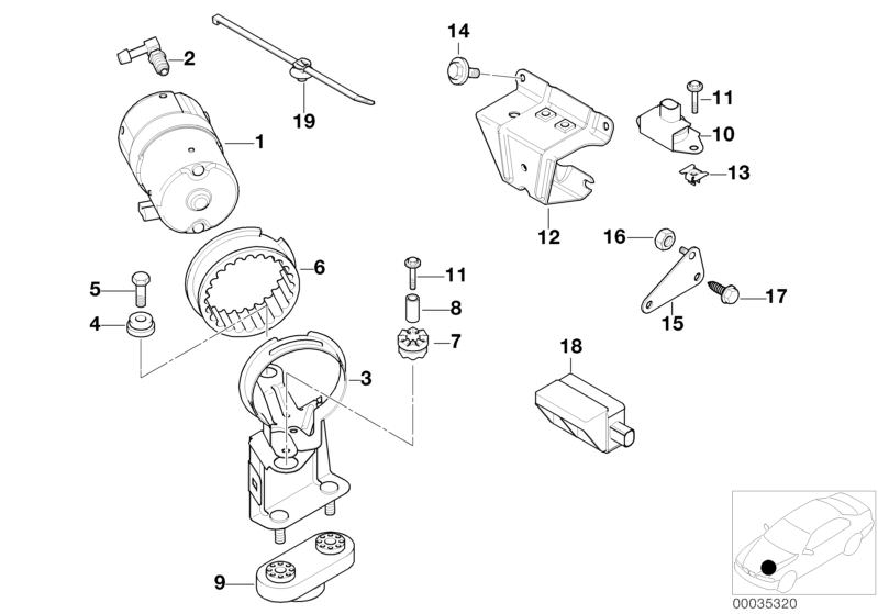 Picture board DSC compressor/senors/mounting parts for the BMW 3 Series models  Original BMW spare parts from the electronic parts catalog (ETK) for BMW motor vehicles (car)   Accelerating sensor, Angle piece, Bracket f compressor, BRACKET F.SENSOR, Brack
