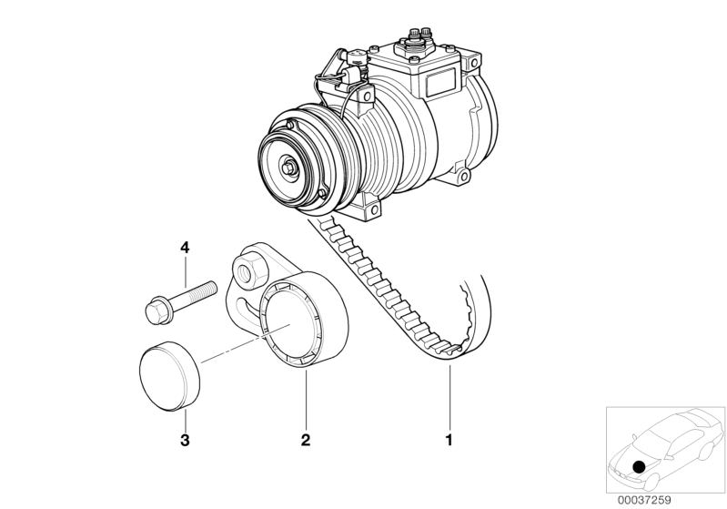 Bildtafel Keilrippenriemen/Spannvorrichtung für die BMW 5er Modelle  Original BMW Ersatzteile aus dem elektronischen Teilekatalog (ETK) für BMW Kraftfahrzeuge( Auto)    Keilrippenriemen, Schutzkappe Spannrolle, Sechskantschraube mit Scheibe, Spannrolle