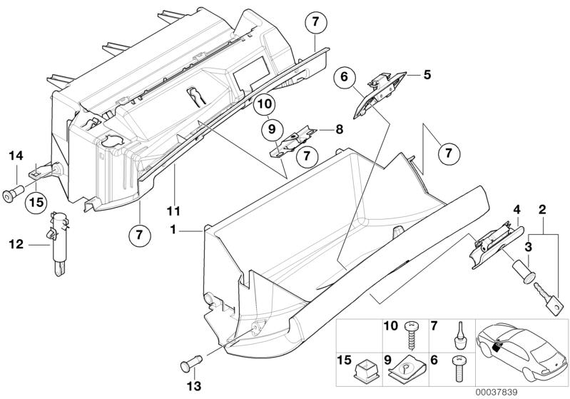 Picture board GLOVE BOX for the BMW X Series models  Original BMW spare parts from the electronic parts catalog (ETK) for BMW motor vehicles (car)   C-clip nut, Catch, Countersunk screw, Fillister head self-tapping screw, GLOVE BOX DAMPER, GLOVE BOX HOUSI