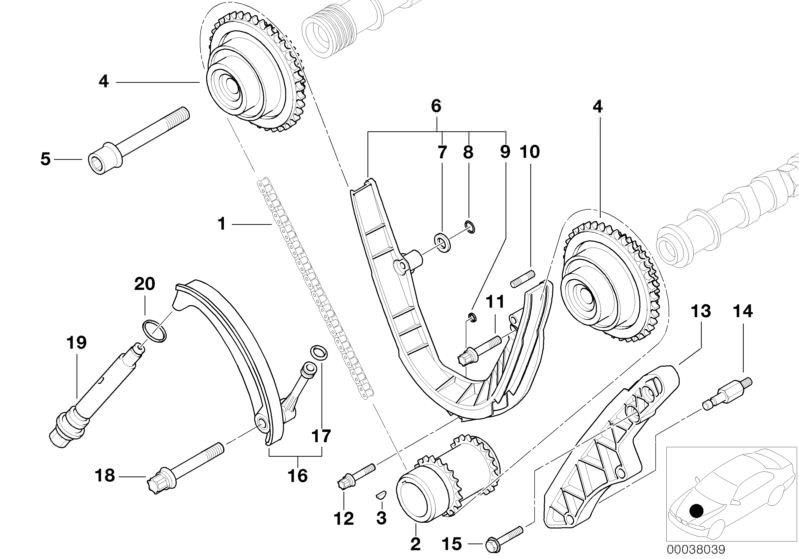 Bildtafel Steuertrieb-Steuerkette unten für die BMW X Modelle  Original BMW Ersatzteile aus dem elektronischen Teilekatalog (ETK) für BMW Kraftfahrzeuge( Auto)    Dichtring, Drosselscheibe, Führungsschiene, Gewindestift, Kettenrad, Kettenspanner, Lagerbol