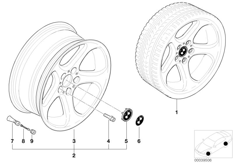 Bildtafel BMW LM Rad Sternspeiche 69 für die BMW 5er Modelle  Original BMW Ersatzteile aus dem elektronischen Teilekatalog (ETK) für BMW Kraftfahrzeuge( Auto)    Gummiventil, Nabenabdeckung mit Chromrand, Radschraube Schwarz, Ventileinsatz, Ventilkappe RD