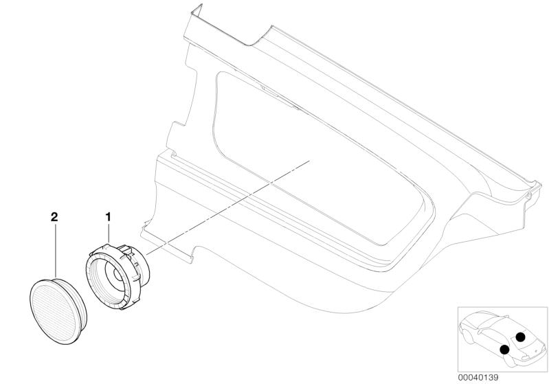 Picture board Parts,lat.trim panel rear, HiFi/Top-HiFi for the BMW 3 Series models  Original BMW spare parts from the electronic parts catalog (ETK) for BMW motor vehicles (car)   Cover Loudspeaker, medium-treble loudspeaker hifi