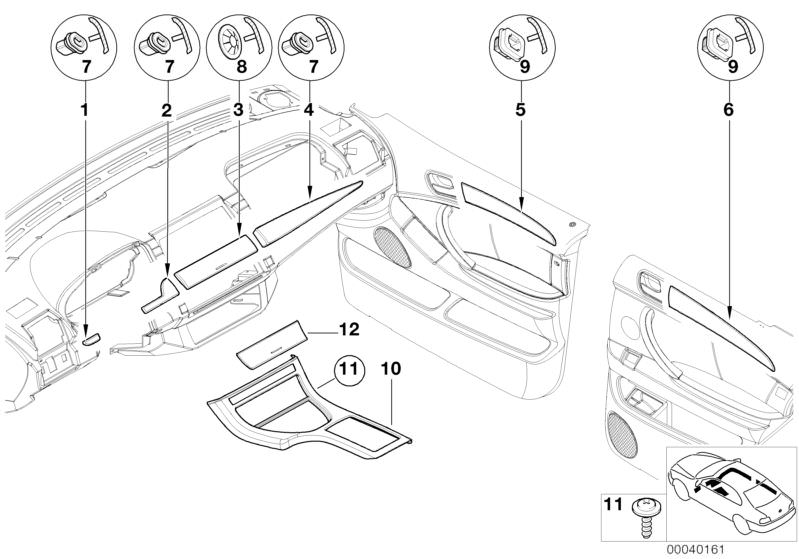 Picture board Interior mouldings high-polished for the BMW X Series models  Original BMW spare parts from the electronic parts catalog (ETK) for BMW motor vehicles (car)   Base of centre console, Decorative strip, dashboard centre, Decorative strip, dashb