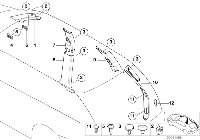 Picture board Trim panel A- / B- / C- / D-Column for the BMW X Series models  Original BMW spare parts from the electronic parts catalog (ETK) for BMW motor vehicles (car)   Clip, Cover cap f windshield frame cover - ITS, Cover cap support, Covering right