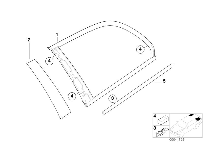 Picture board Side window, fixed for the BMW 3 Series models  Original BMW spare parts from the electronic parts catalog (ETK) for BMW motor vehicles (car)   Clamp, Cover, side window, column C, left, Finisher, side window, rear left, GREEN SIDE WINDOW WI