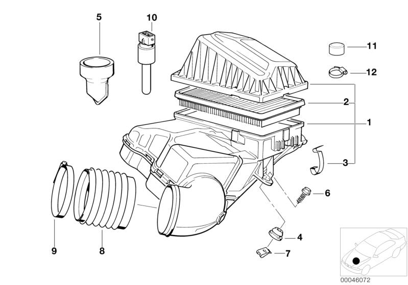 Picture board Intake silencer / Filter cartridge for the BMW Classic parts  Original BMW spare parts from the electronic parts catalog (ETK) for BMW motor vehicles (car)   Air filter element, Body nut, Cap, Hex head screw, Hose clamp, Intake silencer righ