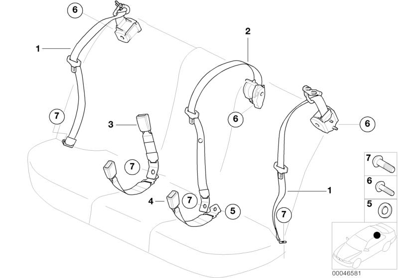 Picture board Safety belt rear for the BMW 3 Series models  Original BMW spare parts from the electronic parts catalog (ETK) for BMW motor vehicles (car)   Fillister head screw, Lower belt, rear left, Lower belt, rear right, REAR centre UPPER BELT, Suppor