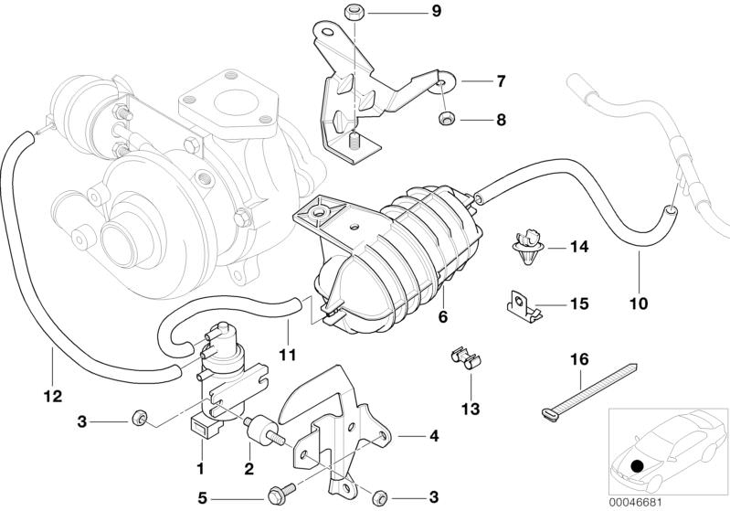 Bildtafel Unterdrucksteuerung-Turbolader für die BMW 3er Modelle  Original BMW Ersatzteile aus dem elektronischen Teilekatalog (ETK) für BMW Kraftfahrzeuge( Auto)    Bundmutter selbstsichernd, Clip, Druckwandler, Gummilager, Halter, Halter Unterdruckbehäl