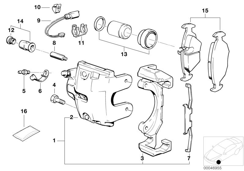 Picture board Front wheel brake, brake pad sensor for the BMW Classic parts  Original BMW spare parts from the electronic parts catalog (ETK) for BMW motor vehicles (car)   Bleeder valve, Brake pad wear sensor, Brake-pad paste, Cable holder, Caliper housi