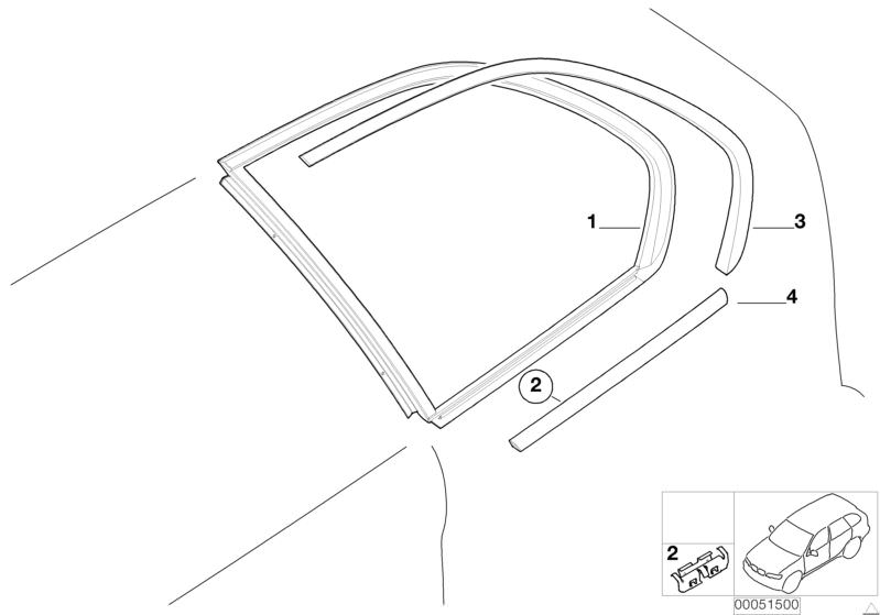 Illustration du Vitre latérale fixe pour les BMW X Série Modèles  Pièces de rechange d'origine BMW du catalogue de pièces électroniques (ETK) pour véhicules automobiles BMW (voiture)   Clamp, COVERING UPPER RIGHT, Finisher, side window, rear right, GREEN 