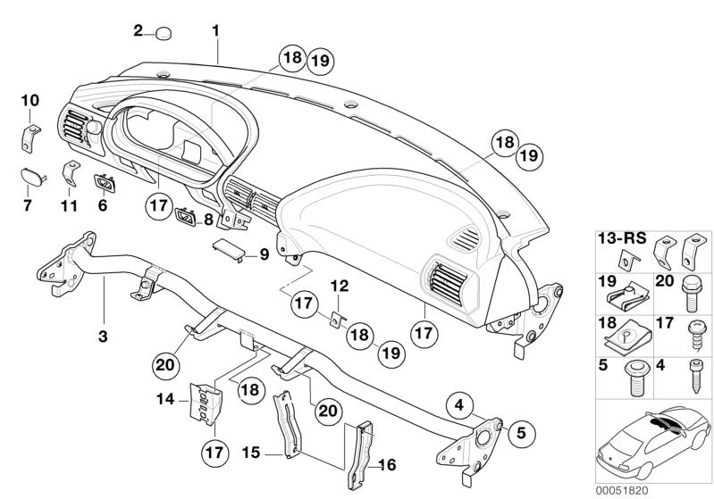 Picture board Trim panel dashboard for the BMW Z Series models  Original BMW spare parts from the electronic parts catalog (ETK) for BMW motor vehicles (car)   Body nut, C-clip nut, Cover, Cover, switch RDC / NSL, Covering cap, Fillister head self-tapping