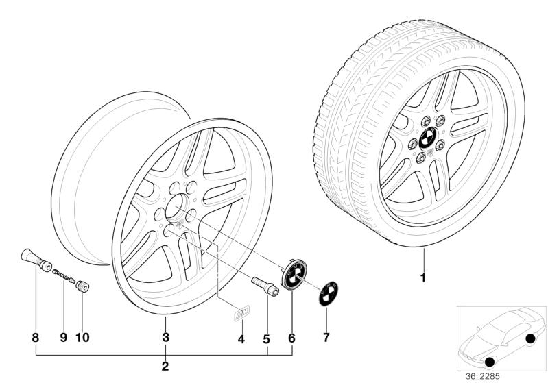 Bildtafel BMW LM Rad M Parallelspeiche 37 für die BMW 7er Modelle  Original BMW Ersatzteile aus dem elektronischen Teilekatalog (ETK) für BMW Kraftfahrzeuge( Auto)    M Plakette, Nabenabdeckung mit Chromrand, Radschraube Schwarz, Scheibenrad Leichtmetall 