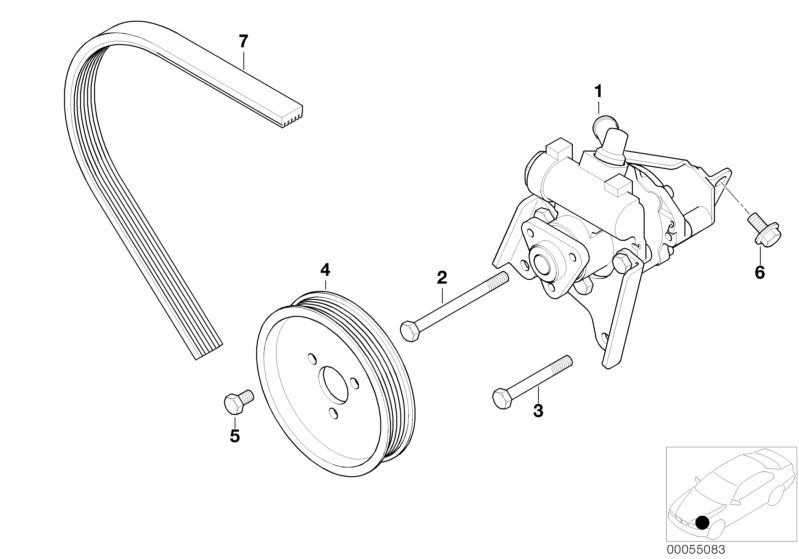 Picture board Power steering pump for the BMW 3 Series models  Original BMW spare parts from the electronic parts catalog (ETK) for BMW motor vehicles (car)   Hex Bolt with washer, Pulley, Ribbed v-belt, VANE PUMP