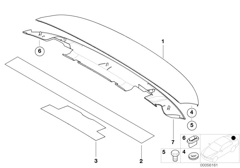 Bildtafel Heckspoiler für die BMW 3er Modelle  Original BMW Ersatzteile aus dem elektronischen Teilekatalog (ETK) für BMW Kraftfahrzeuge( Auto)    Abdeckung, Buchse, Dichtung, Einsatz, Heckspoiler, Sechskantschraube