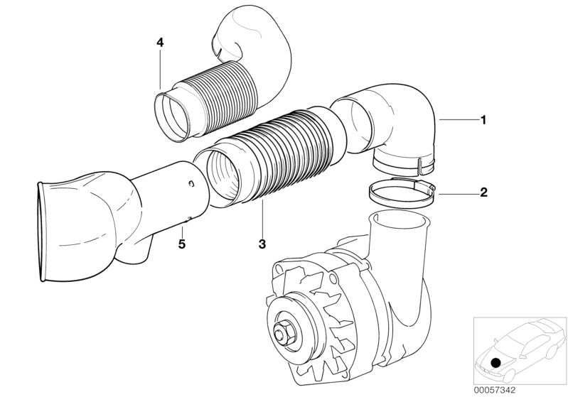 Bildtafel Generator-Kühlung für die BMW Classic Teile  Original BMW Ersatzteile aus dem elektronischen Teilekatalog (ETK) für BMW Kraftfahrzeuge( Auto)    Ansaugstutzen, Faltenbalg, Rohr, Schlauchschelle