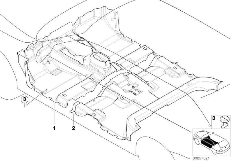 Picture board Floor covering for the BMW X Series models  Original BMW spare parts from the electronic parts catalog (ETK) for BMW motor vehicles (car)   Floor covering, rear, Floor trim, front, Rotary latch 17 mm