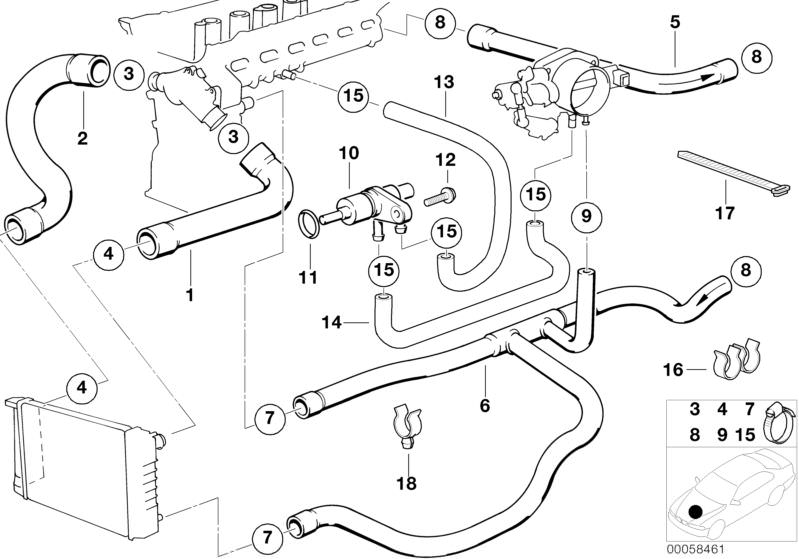 Picture board Cooling System Water Hoses for the BMW Classic parts  Original BMW spare parts from the electronic parts catalog (ETK) for BMW motor vehicles (car)   Cable tie, Clamp, Hex Bolt with washer, Hose, Hose clamp, HOSE F ENGINE INLET AND WATER VAL