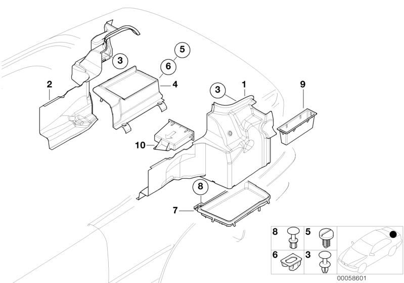 Picture board LATERAL TRUNK FLOOR TRIM PANEL for the BMW 3 Series models  Original BMW spare parts from the electronic parts catalog (ETK) for BMW motor vehicles (car)   cover, battery luggage compartment, Expanding rivet, LOCKING BUTTON, Locking insert, 