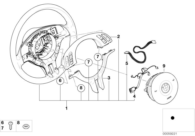 Illustration du Volant sport airbag-smartMF/recouv.décor pour les BMW 3 Série Modèles  Pièces de rechange d'origine BMW du catalogue de pièces électroniques (ETK) pour véhicules automobiles BMW (voiture)   Airbag sports steering wheel, leather, Connecting