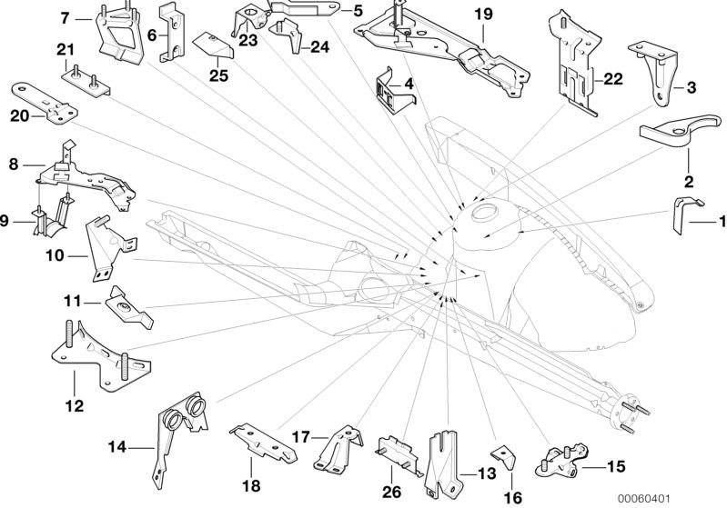 Picture board FRONT BODY BRACKET LEFT for the BMW Classic parts  Original BMW spare parts from the electronic parts catalog (ETK) for BMW motor vehicles (car)   AGGREGATE SUPPORT BRACKET, Bracket ABS hydraulic unit rear, Bracket ABS-Hydraulic unit front, 