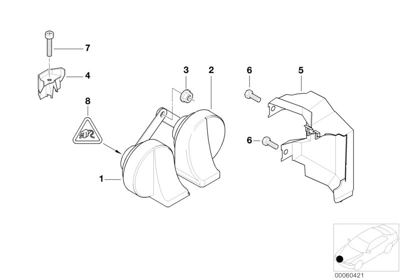 Picture board Horn for the BMW 5 Series models  Original BMW spare parts from the electronic parts catalog (ETK) for BMW motor vehicles (car)   Collar nut, Hex Bolt, HORN COVER, Horn, high pitch, Horn, low pitch, Repair kit, socket housing, Screw for ther