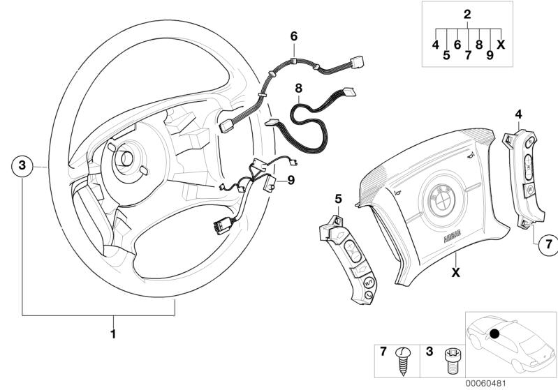 Bildtafel Lenkrad Airbag-Smart Multifunktion für die BMW 3er Modelle  Original BMW Ersatzteile aus dem elektronischen Teilekatalog (ETK) für BMW Kraftfahrzeuge( Auto)    Lenkrad Leder Airbag, Linsenschraube, Prallplatte Airbag, Schalter Geschwindigkeitsre