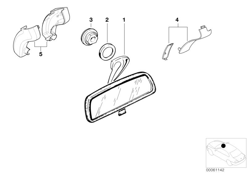 Bildtafel Innenspiegel für die BMW Classic Teile  Original BMW Ersatzteile aus dem elektronischen Teilekatalog (ETK) für BMW Kraftfahrzeuge( Auto)    Abdeckung Grundplatte Innenspiegel, Grundplatte Rückspiegel innen, Innenspiegel EC / Funk, Satz Abdeckung