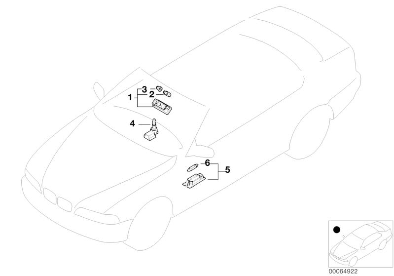 Picture board Various lamps for the BMW 3 Series models  Original BMW spare parts from the electronic parts catalog (ETK) for BMW motor vehicles (car)   Bulb, Bulb socket, BULB SOCKET WITH BULB, Interior light, Interor reading light front