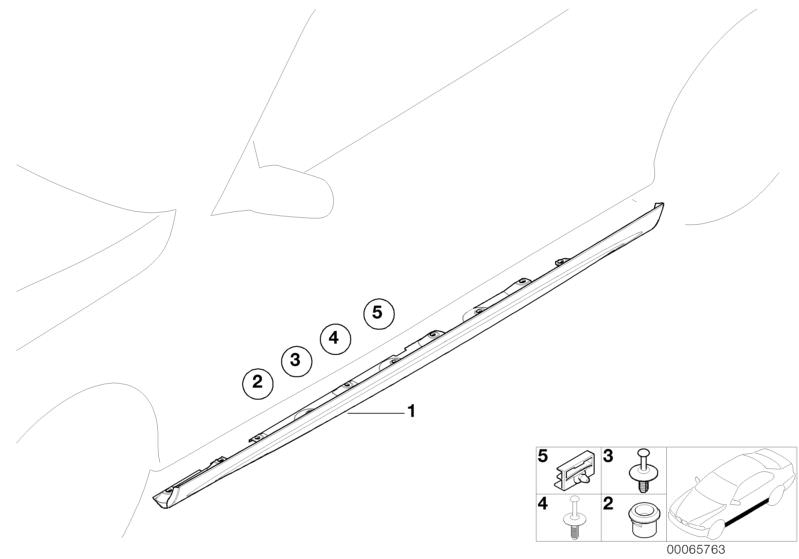 Picture board Cover door sill / wheel arch for the BMW 3 Series models  Original BMW spare parts from the electronic parts catalog (ETK) for BMW motor vehicles (car)   Clamp, Expanding rivet, Grommet, green, PRIMED LEFT OUTER KICK PANEL