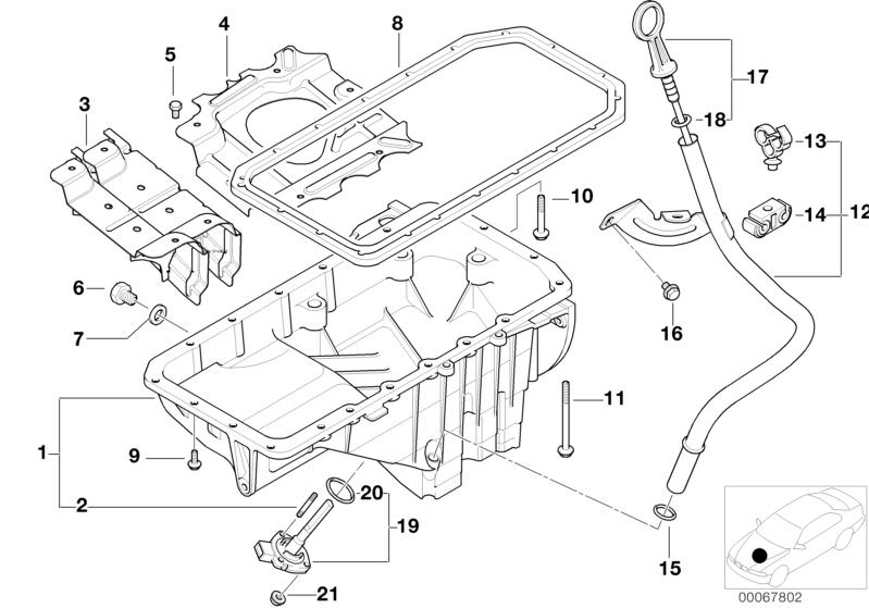 Illustration du OIL PAN/OIL LEVEL INDICATOR pour les BMW 5 Série Modèles  Pièces de rechange d'origine BMW du catalogue de pièces électroniques (ETK) pour véhicules automobiles BMW (voiture)   Cable holder, Collar screw, Dipstick, Gasket Asbestos Free, Ga