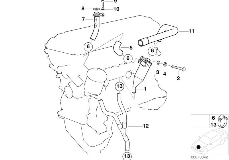 Picture board Crankcase-Ventilation/oil separator for the BMW Classic parts  Original BMW spare parts from the electronic parts catalog (ETK) for BMW motor vehicles (car)   Fillister head screw, Hex Bolt, Hose, Hose clamp, O-ring, Oil separator, Vent hose